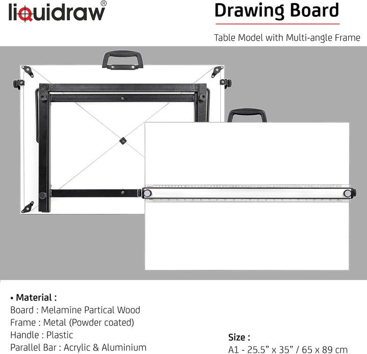 Liquidraw A1 Zeichenbrett Parallelbewegung, 88,9 x 63,5 cm, 6 verstellbare Arbeitswinkel, inkl. Clip