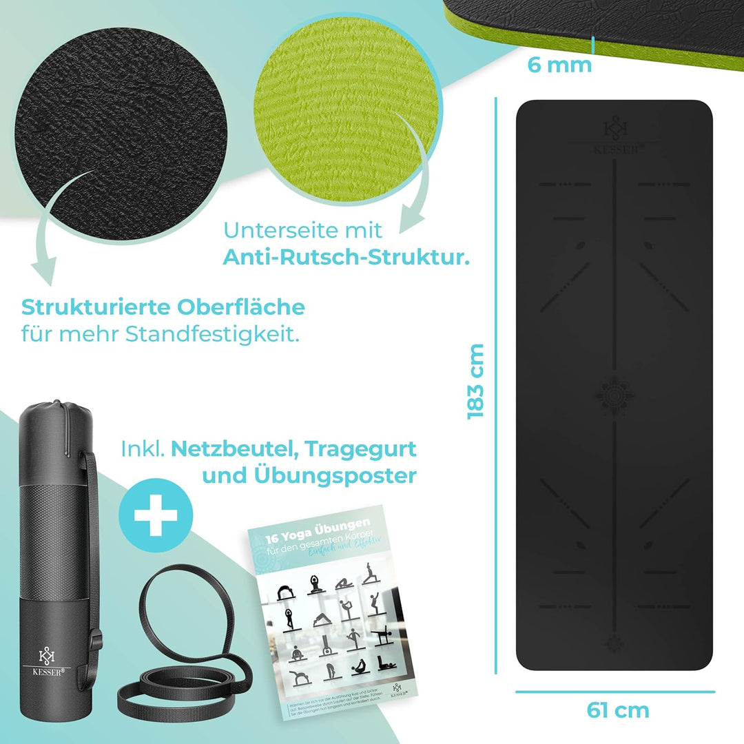 KESSER® Gymnastikmatte mit Tragegurt rutschfest TPE Yogamatte Gepolstert & rutschfest Fitnessmatte,