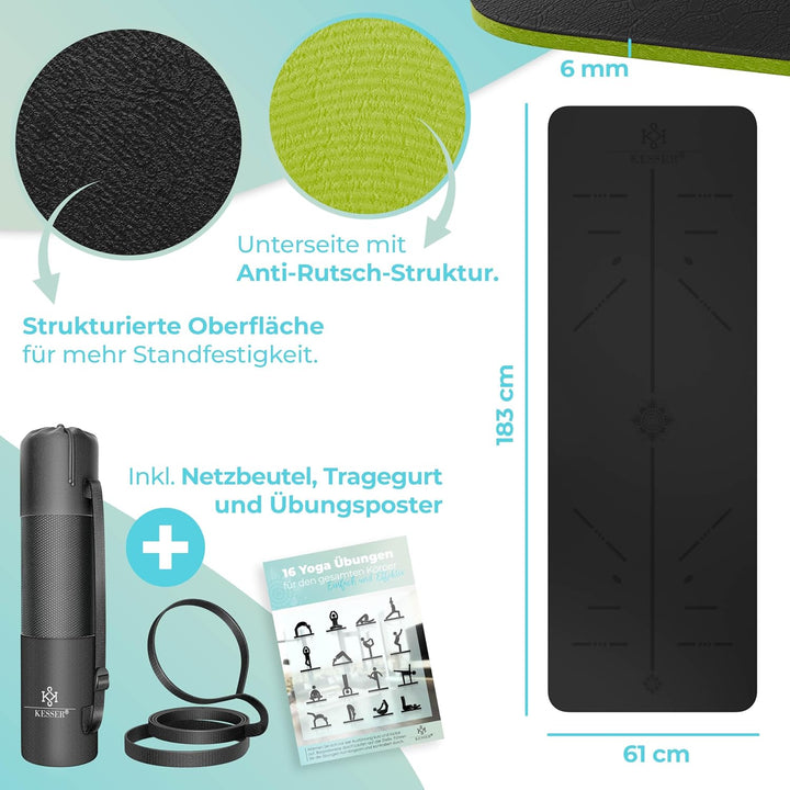 KESSER® Gymnastikmatte mit Tragegurt rutschfest TPE Yogamatte Gepolstert & rutschfest Fitnessmatte,
