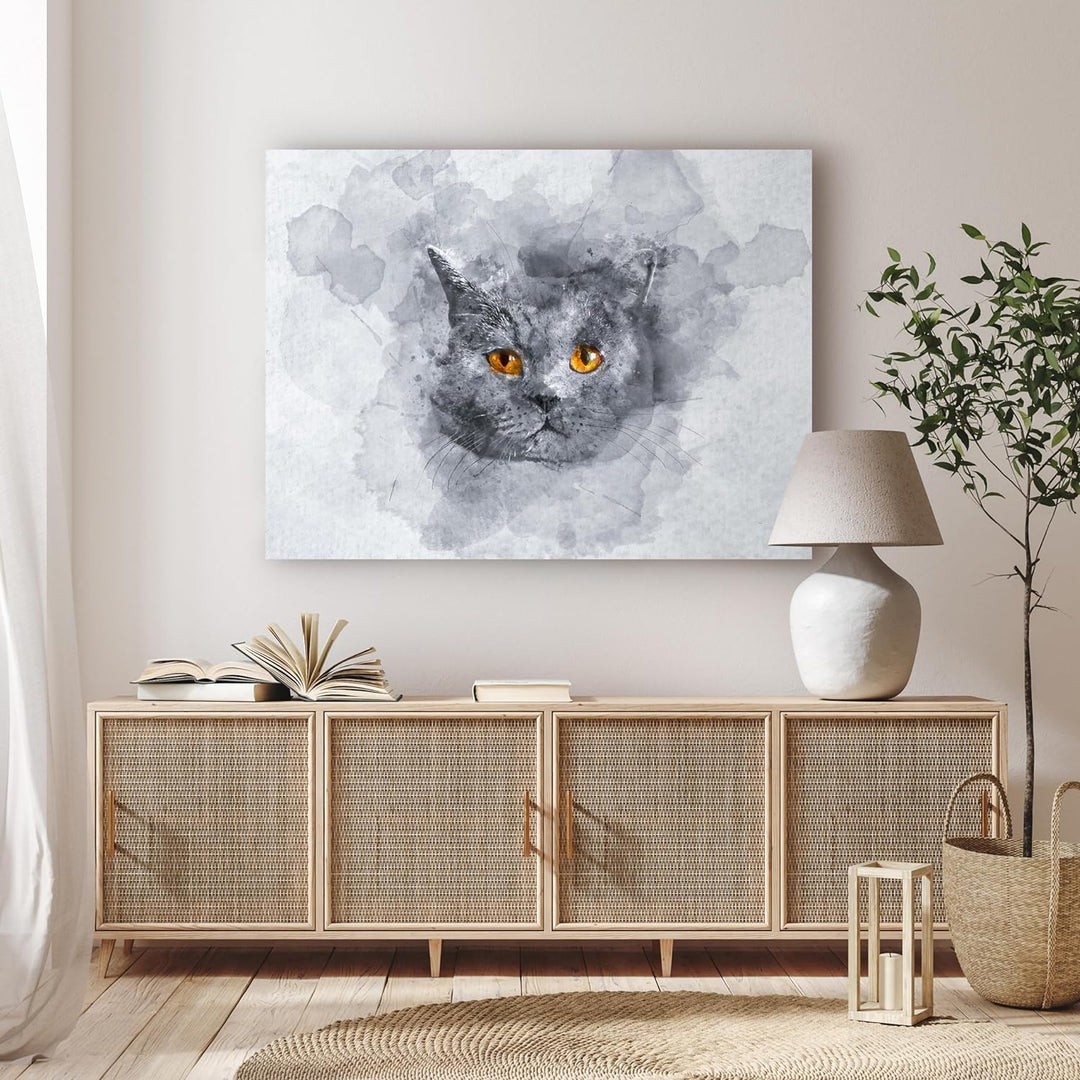 wandmotiv24 Leinwandbild Malerei, 80x60cm, Querformat, Aquarell, Katze, Deko, Bilder auf Leinwand, W