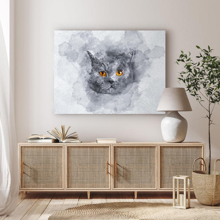 wandmotiv24 Leinwandbild Malerei, 80x60cm, Querformat, Aquarell, Katze, Deko, Bilder auf Leinwand, W