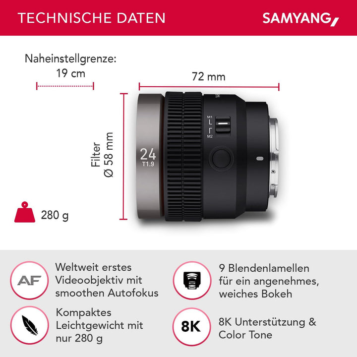 SAMYANG V-AF 24mm T1, 9 FE für Sony E, Videoobjektiv, Auto Fokus Objektiv, Cine Lens 8K Unterstützun