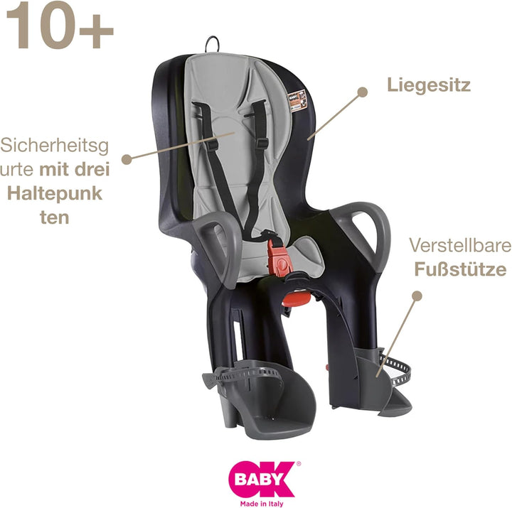 OKBABY 10+ - Fahrradsitz hinten für Kinder bis 22 kg mit Liegefunktion - Schwarz und Grau, Schwarz u