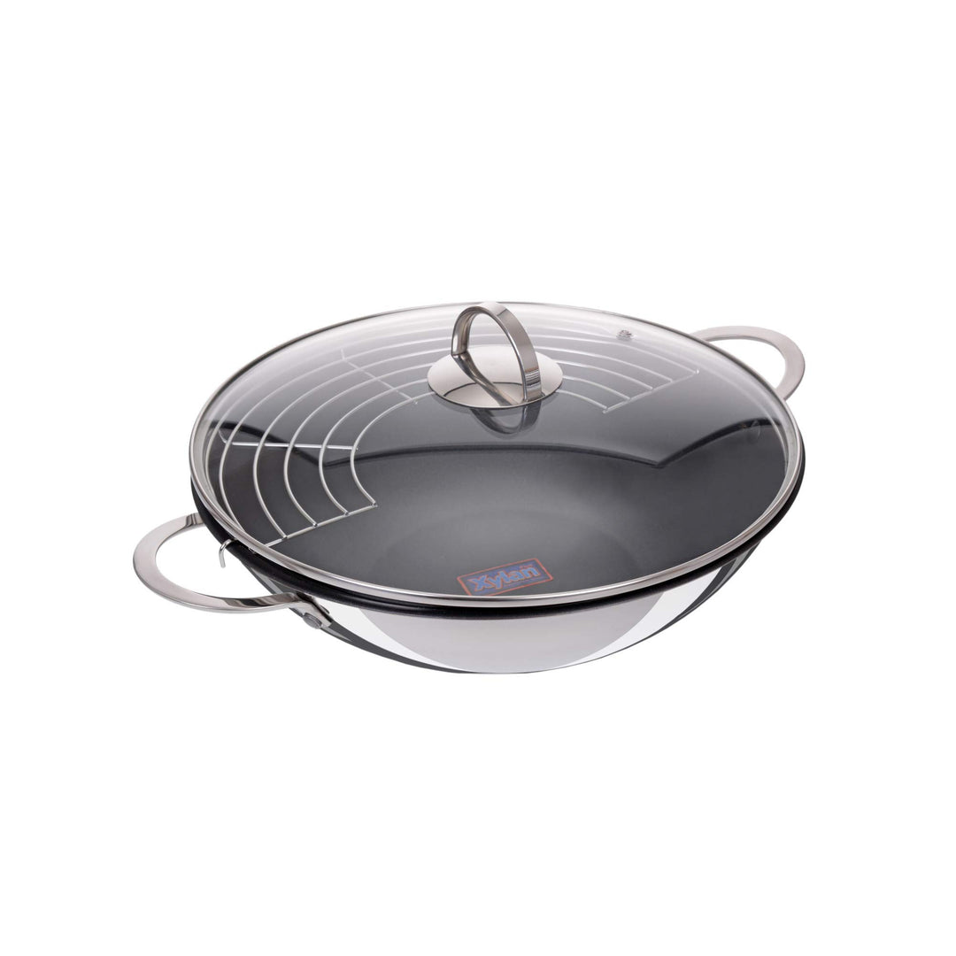 GRÄWE Wok-Set 32 cm mit Beschichtung, mit Glasdeckel und Ablagegitter Xylan Beschichtung, Xylan Besc