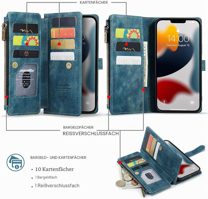 QLTYPRI Handyhülle für iPhone 13 Pro, Reissverschluss Hülle PU Leder Klapphülle Kartenfach Geldbörse