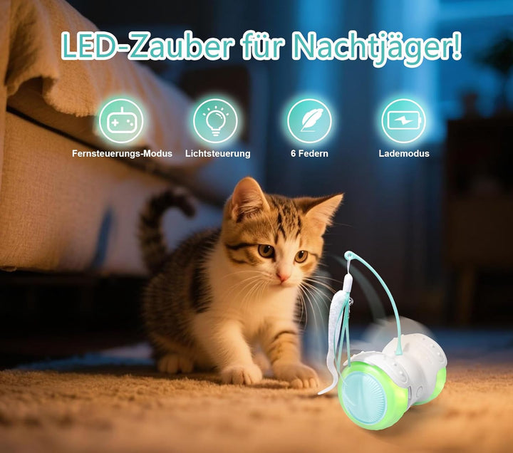 Interaktives Katzen-Spielzeug Auto: 360°Freilauf-Funktion,2 Kamillenminze-Federn,Auto/Manuell - Modu
