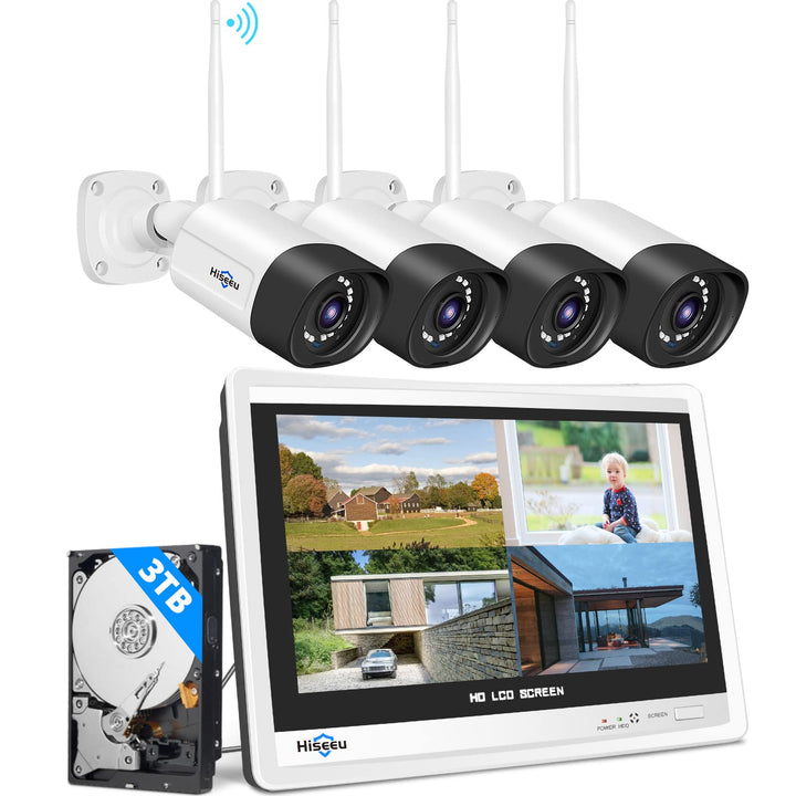 【5MP+3TB Festplatte】 Hiseeu Überwachungskamera Set Aussen WLAN mit 12''Monitor 10CH Wireless NVR,4 P