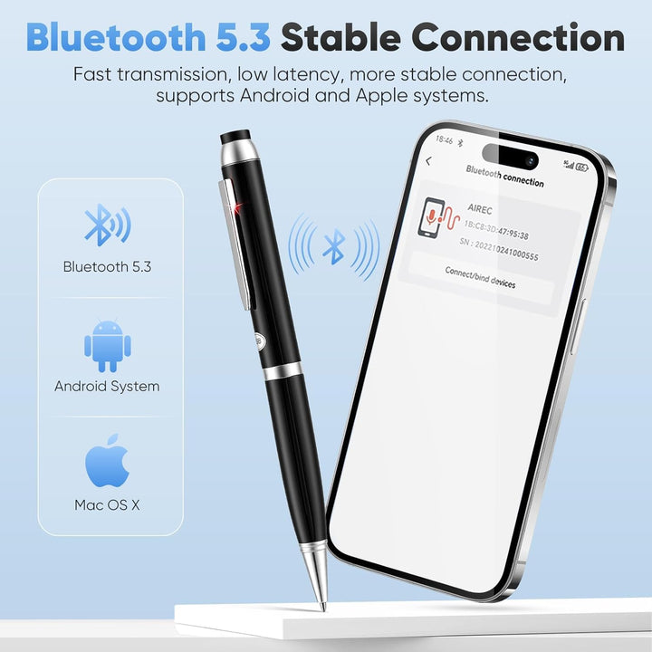 Stylo Enregistreur Vocal IA, KI-Diktiergerät 64 GB Echtzeit-Transkription & Übersetzung, 360° Mikrof