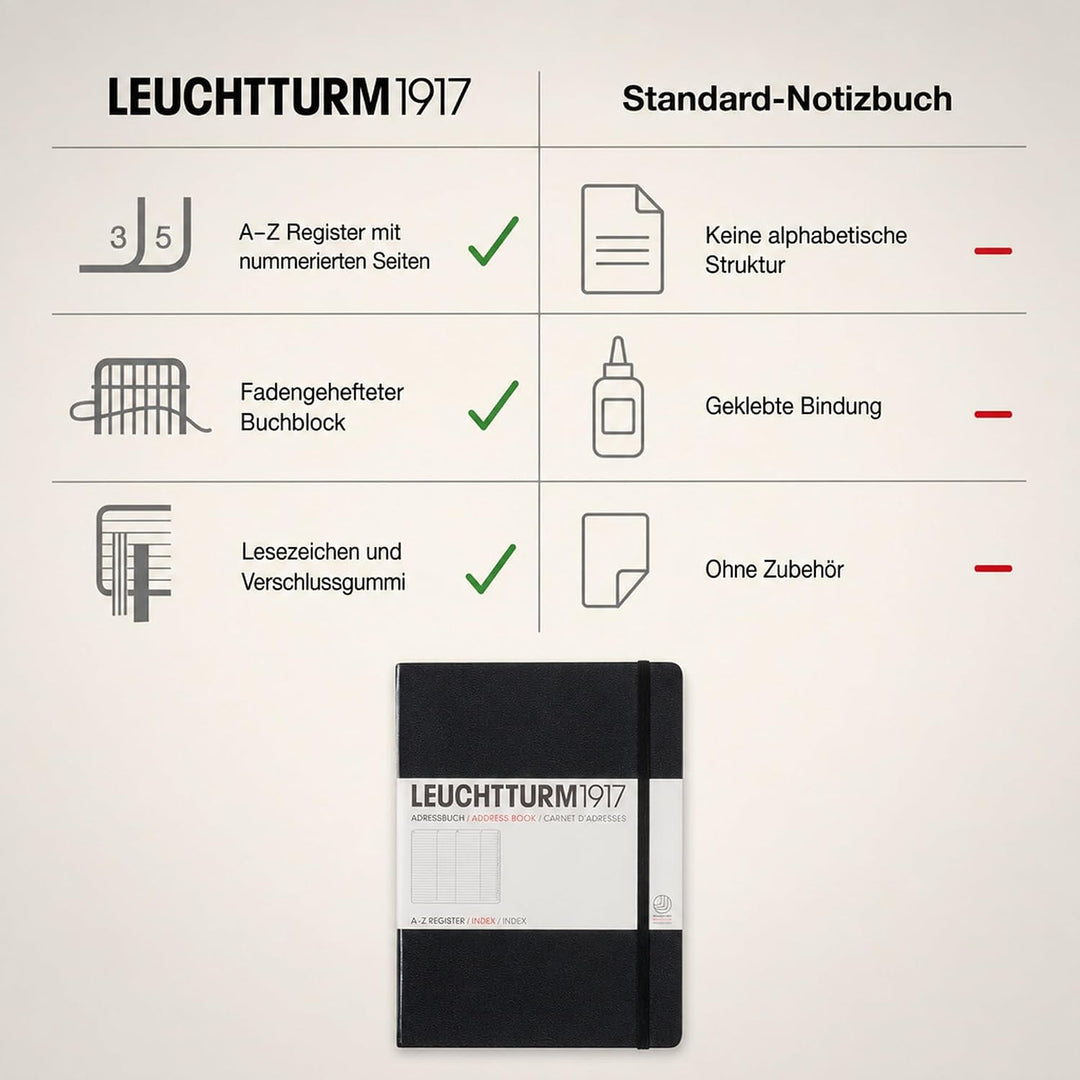 LEUCHTTURM1917 330862 Adressbuch Medium (A5), Hardcover, Schwarz, Medium (A5)