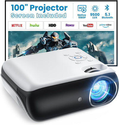 Beamer, Mini Beamer 4K Bluetooth 5.1 Tragbar Heimkino Multimedia Projector 10000Lux Mit 100'' Bildsc