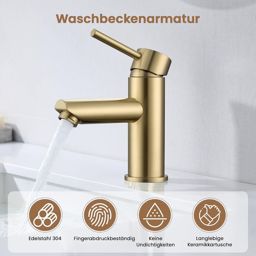 KPW Waschtischarmatur Edelstahl Gebürstet Gold – Bad Wasserhahn mit 79mm Auslaufhöhe, Einhand-Mischb
