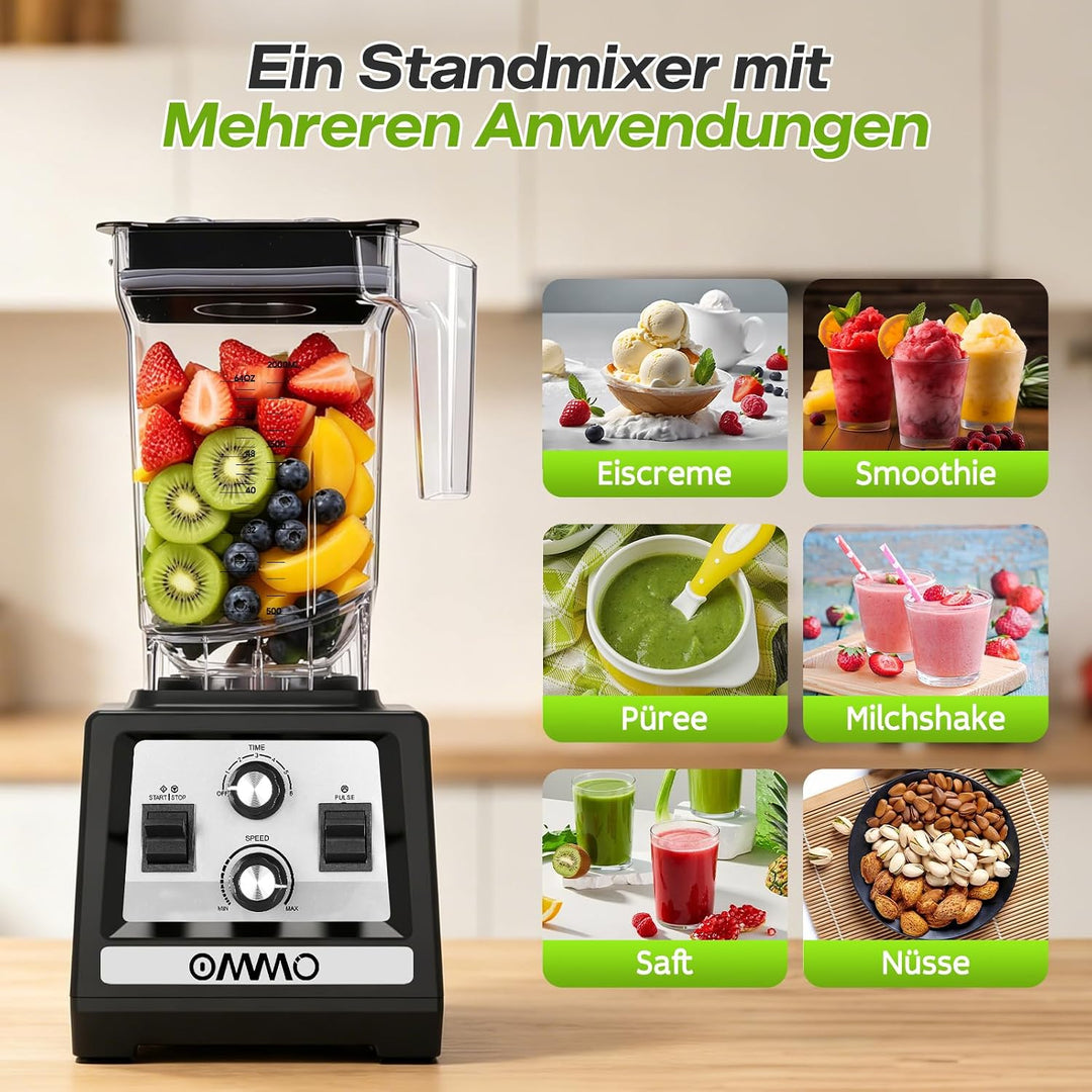 OMMO 2L Standmixer Hochleistungsmixer, Mixer Smoothie Maker Max 1800W | für Eisbrechen, Milkshakes,