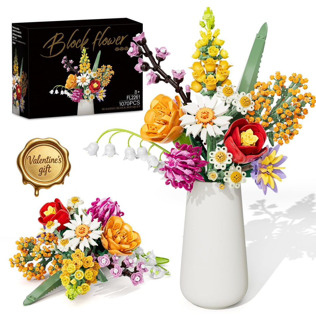 Blumen Bausteine Set für Erwachsene, 1070 Stück Blumenstrauss, künstliche Blume Bauklötze Bausatz Sp