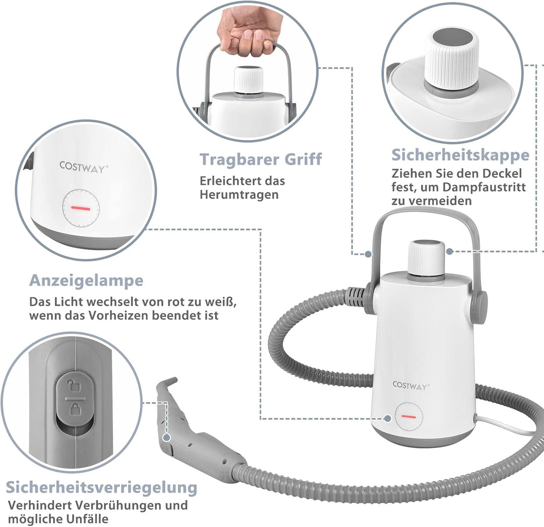 COSTWAY Dampfreiniger Handgerät | 1000W & 300 ml Wasserkapazität & 10 Zubehörsätze | Steamshot Steam