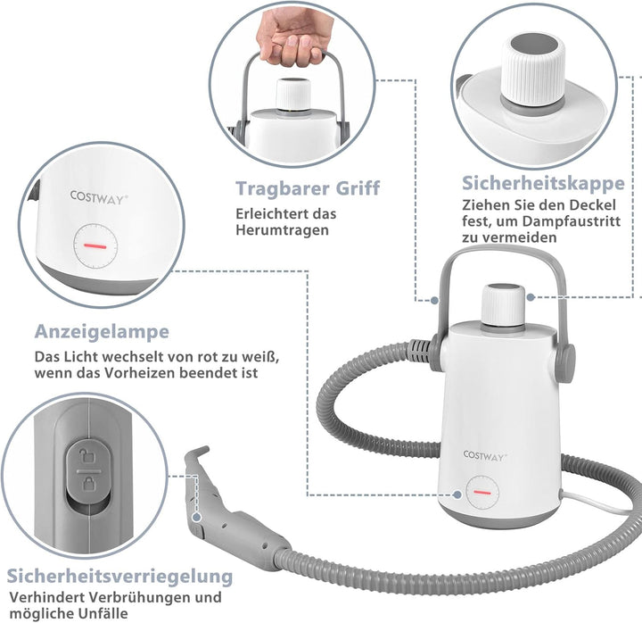 COSTWAY Dampfreiniger Handgerät | 1000W & 300 ml Wasserkapazität & 10 Zubehörsätze | Steamshot Steam
