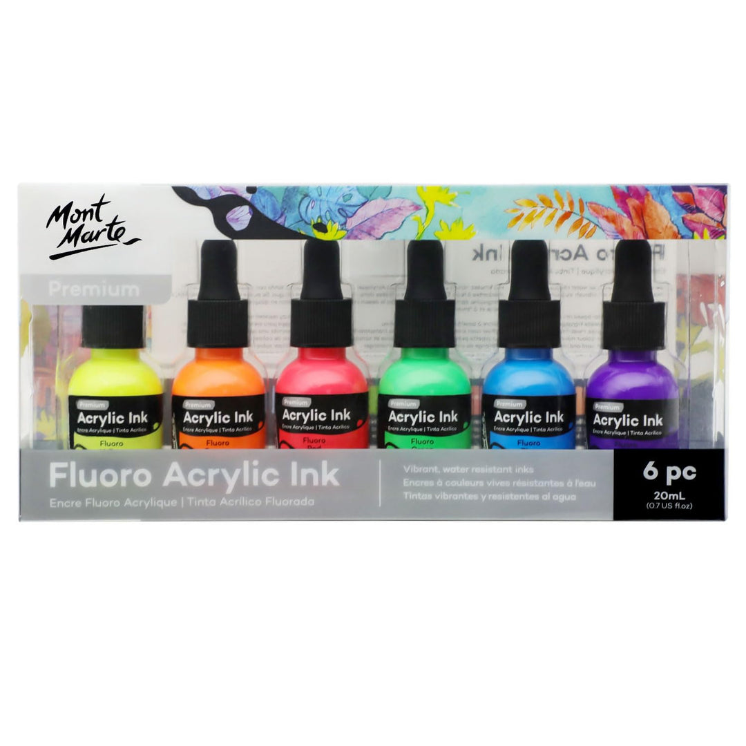 Mont Marte Acryltusche Superior, 6pc x 20ml, Fluoro-Acryl-Tinten Farben, Für feine Details und Farbw