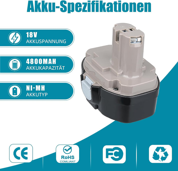 VANTTECH 2 Stück 1822 Akku für Makita 18V 3.0Ah NI-MH Ersatz für Makita PA18 1822 1823 1834 1835 192