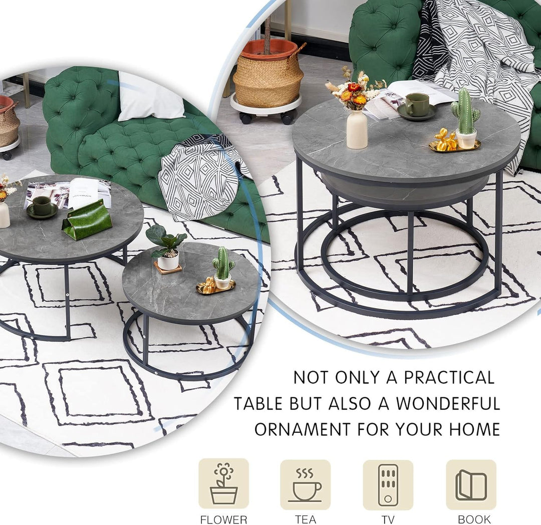 Soayone Couchtisch Rund 2er Set, Dunkelgrau Marmor Couchtisch mit Schwarz Metallgestell, Beistelltis