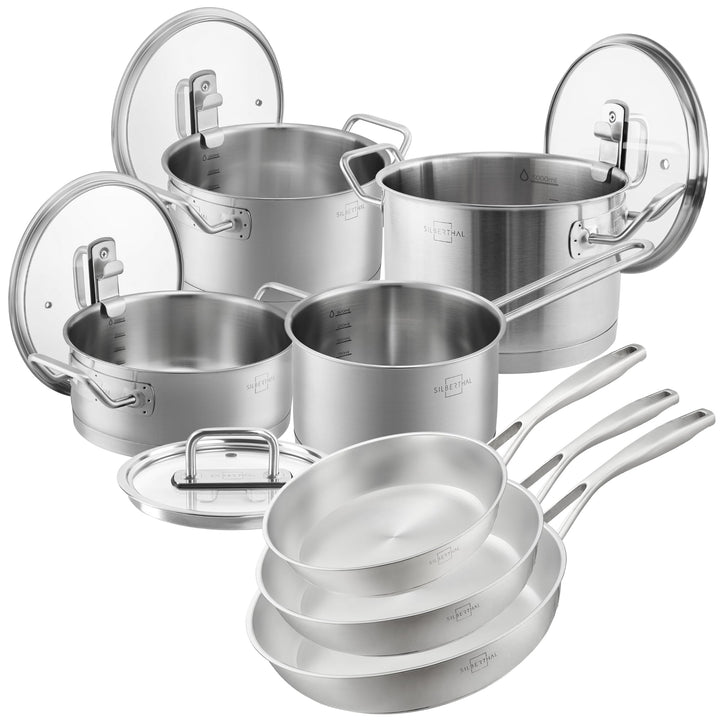 SILBERTHAL Pfannen- und Topfset 9 teilig - Unbeschichtet - Edelstahl - Kochtopf 2,5l,3,5l, 5l und Pf