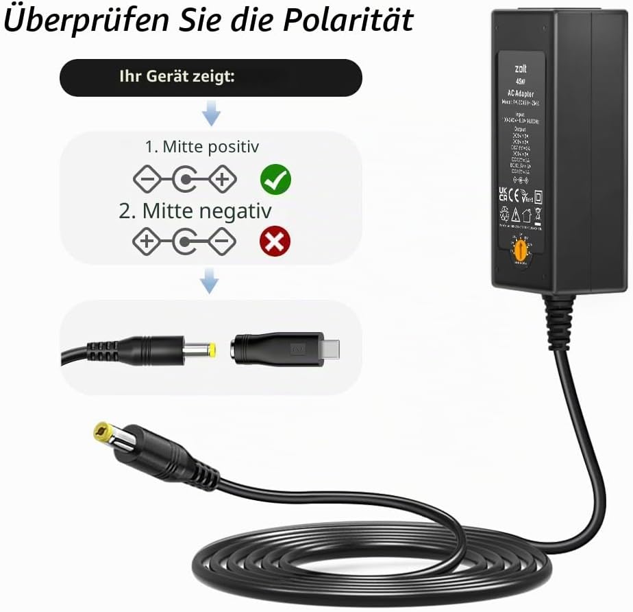 Zolt 45W Universal Netzteil AC zu DC 5V 6V 7.5V 9V 12V 13.5V 15V 3A Schaltnetzteil mit 10 DC-Stecker