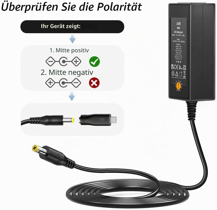 Zolt 45W Universal Netzteil AC zu DC 5V 6V 7.5V 9V 12V 13.5V 15V 3A Schaltnetzteil mit 10 DC-Stecker