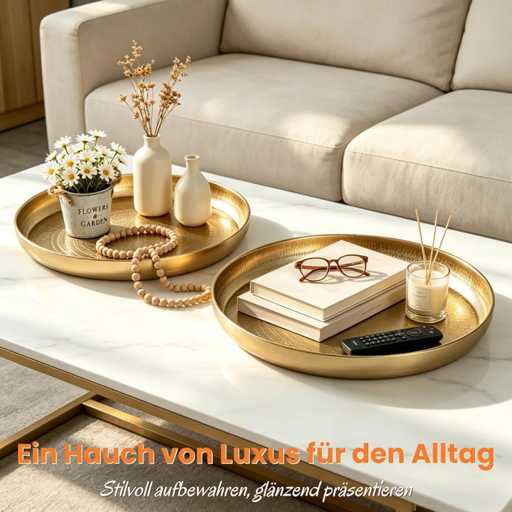 JAZUIHA Deko Tablett Rund 2er Set, Dekoschale Gold aus Metall, Dekorative Tablett Ø 34 cm, Goldener