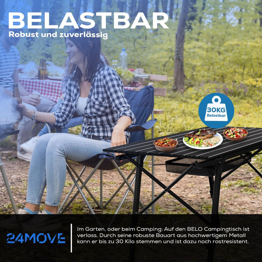 24MOVE® Campingtisch Klapptisch mit Aluminiumrahmen, Tischplatte aufrollbar, Falttisch klappbar, höh