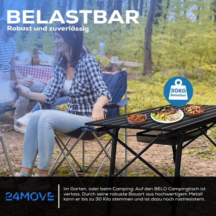 24MOVE® Campingtisch Klapptisch mit Aluminiumrahmen, Tischplatte aufrollbar, Falttisch klappbar, höh