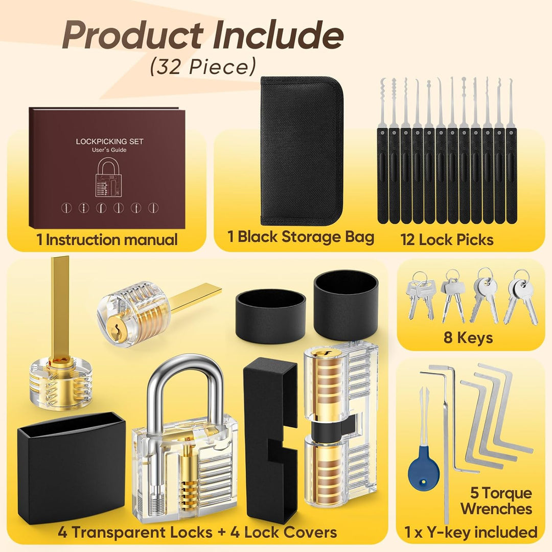 IPSXP Lockpicking Set, 32 Stück Dietrich Set mit 4 Transparentem Trainingsschlössern und Handbuch Da