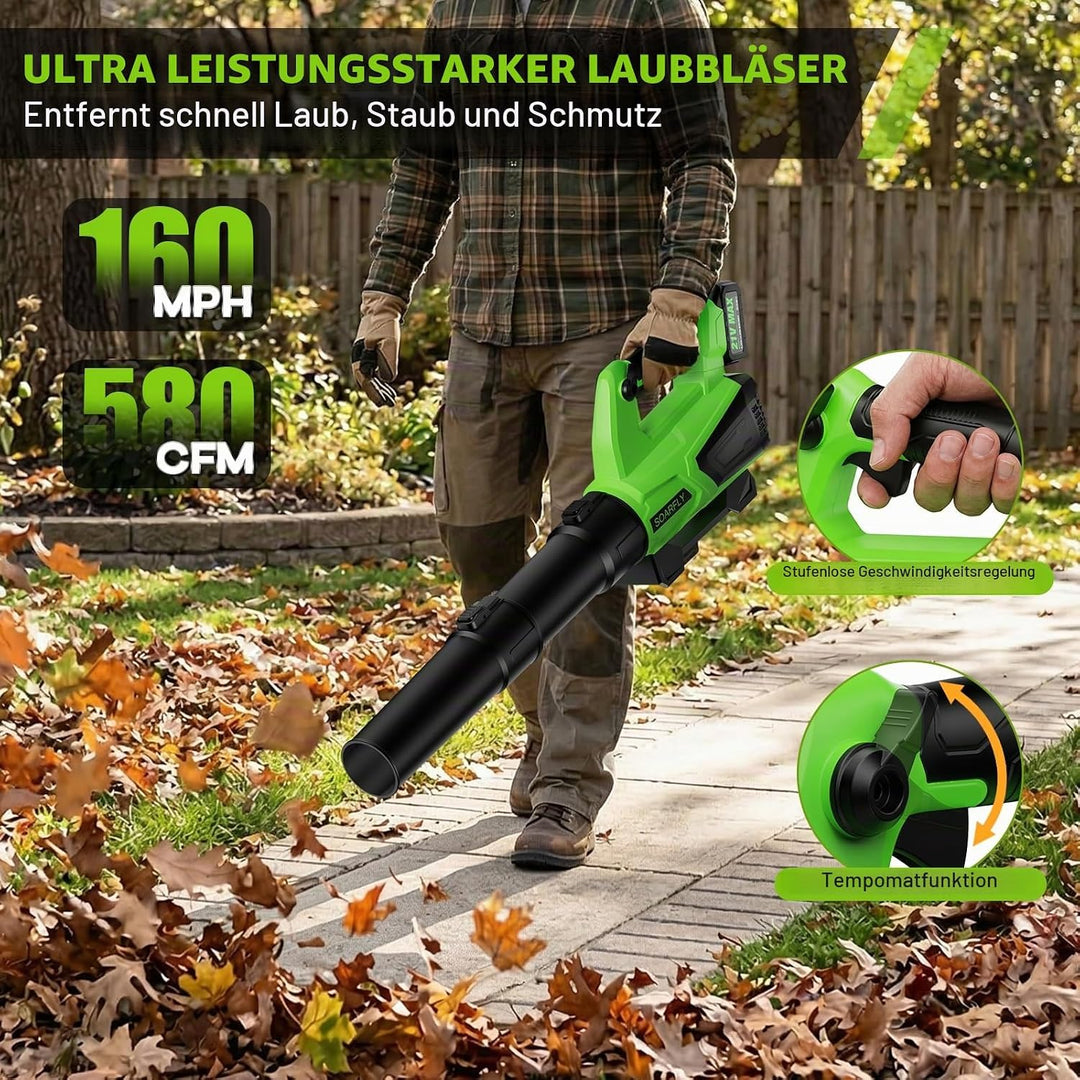 SOARFLY Akku Laubbläser mit 2×4,0Ah Akku &amp; Ladegerät, 21V 19000RPM Motor, 160MPH / 580CFM Luftstrom,