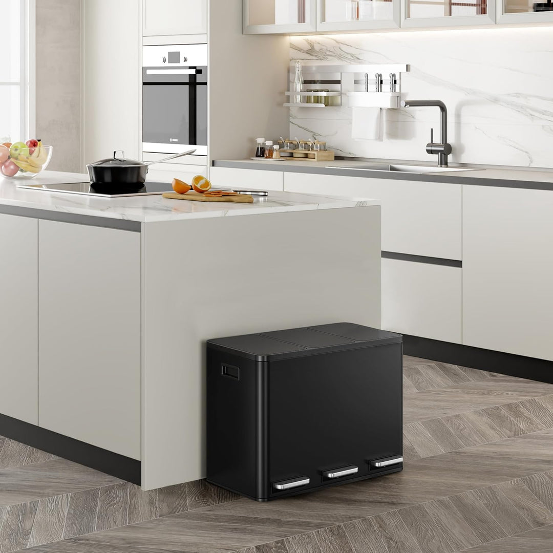 VonHaus Mülleimer Küche 3 Fächer, 45L Recycling Mülltrennsystem – Abfalleimer Biomüll, Rutschfester