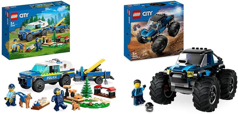 LEGO City Mobiles Polizeihunde-Training, Polizeiauto-Spielzeug mit Anhänger & City Blauer Monstertru