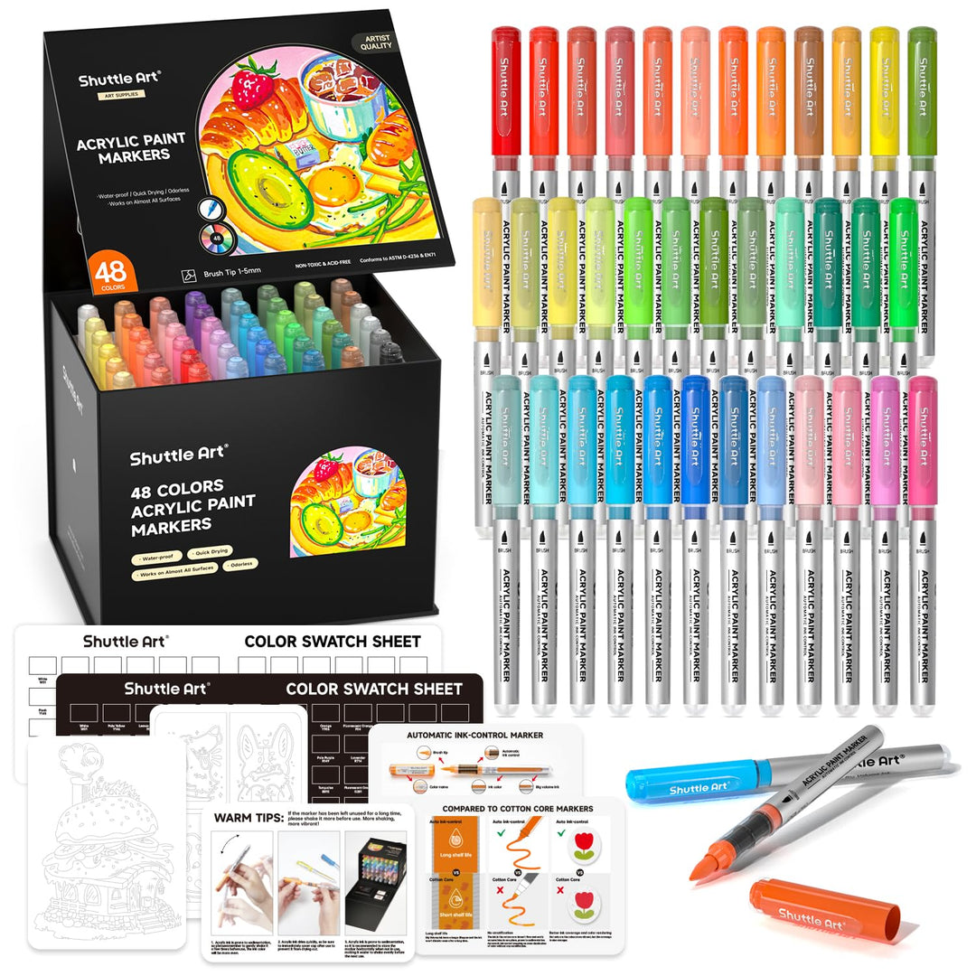 Shuttle Art 48 Farben Acrylstifte für Steine wasserfest, Steine bemalen Stifte Set mit automatischer