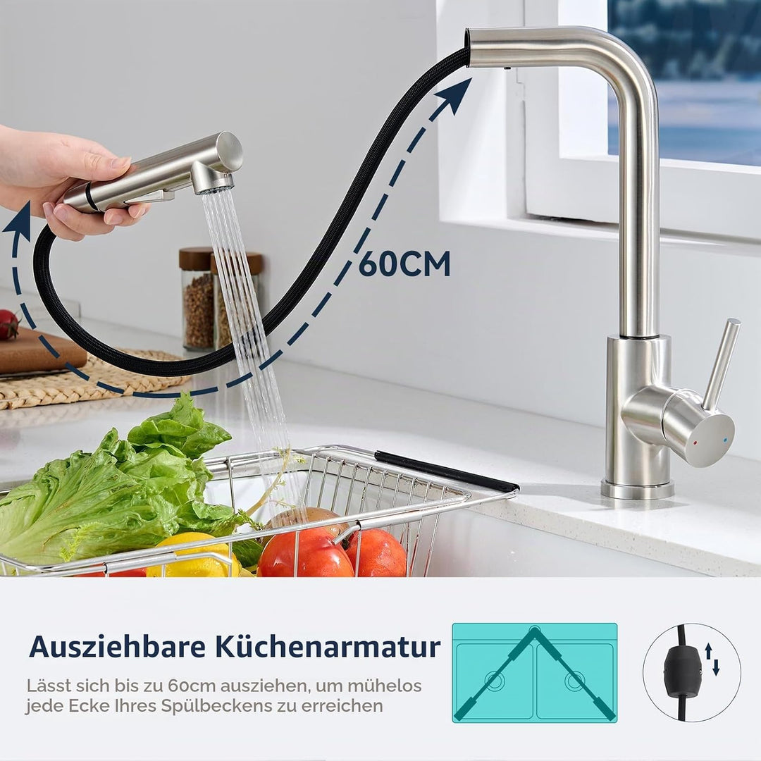 Wasserhahn Küche Ausziehbar, Küchenarmatur mit Brause 2 Modus, Hochdruck Mischbatterie Spültischarma