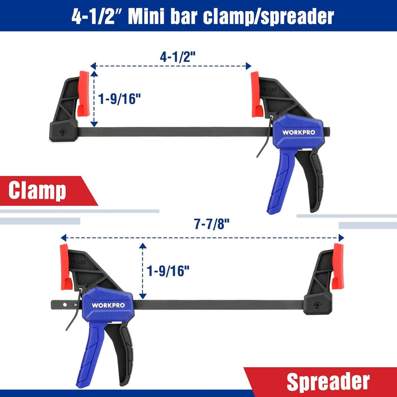 WORKPRO Einhandzwingen Set 4 Stück Schraubzwingen Spanner, Spannweite 120mm/150mm, Dehnbereich 200mm