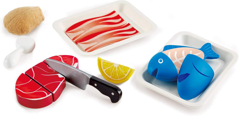 Hape Fisch & Fleisch Set von Hape| Fantasiespiel aus Holz Lebensmittel-Set für Kinder, Kochset mit Z