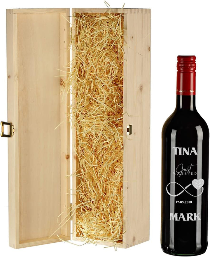 polar-effekt Wein Geschenkset 2-TLG - personalisierte 700 ml Weinflasche und Kiste aus Echtholz - Pa