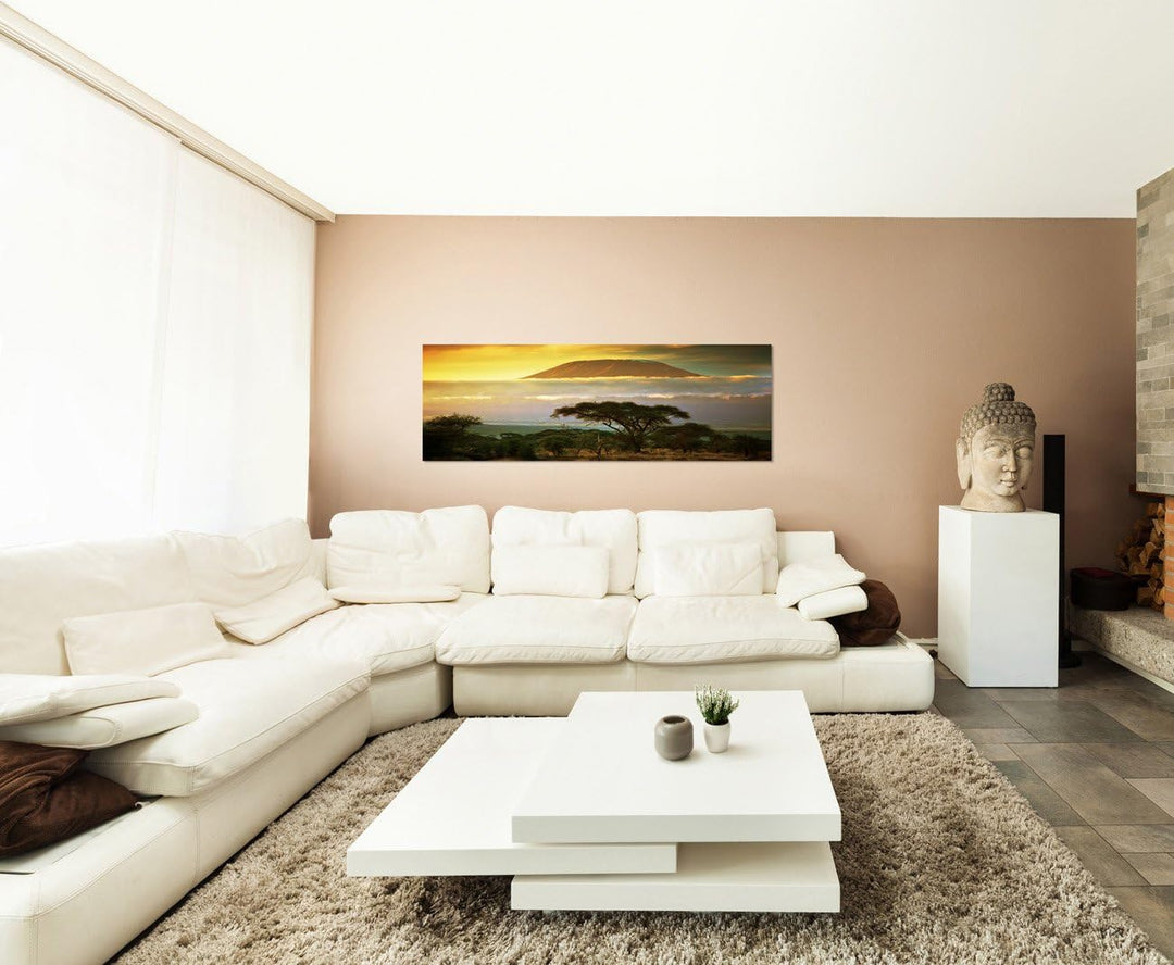 Paul Sinus Art Panoramabild auf Leinwand und Keilrahmen 150x50cm Afrika Kilimandscharo Sonnenunterga