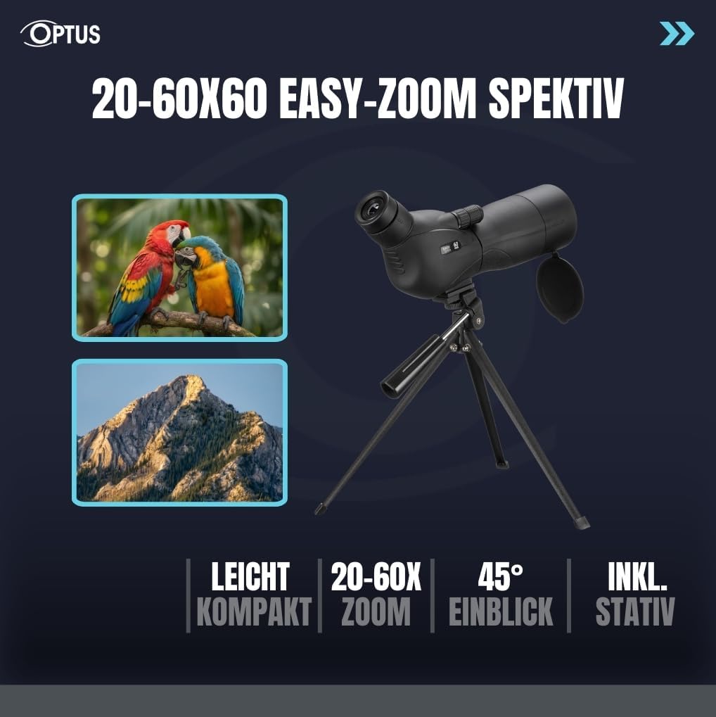 Optus Spektiv 20-60x60 Zoom Monokular Fernrohr mit Stativ, 45° Einblick, Twist-up-Augenmuschel, Tele