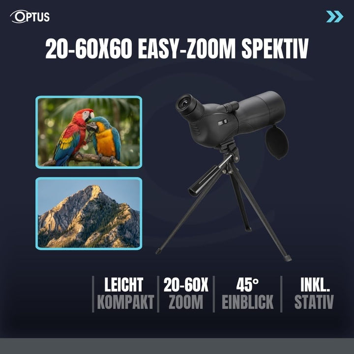 Optus Spektiv 20-60x60 Zoom Monokular Fernrohr mit Stativ, 45° Einblick, Twist-up-Augenmuschel, Tele