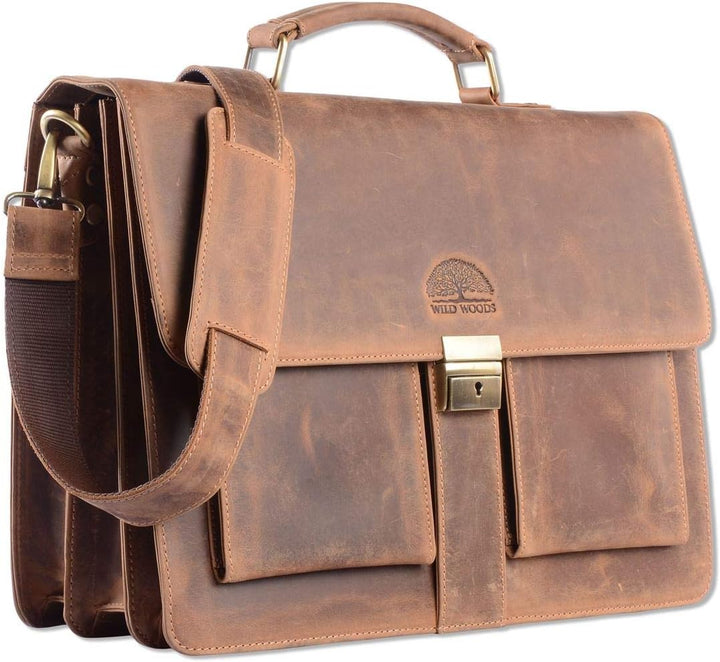 WILD WOODS Original Aktentasche Leder XL mit Laptopfach 15,6 Zoll grosse Ledertasche zum Umhängen au