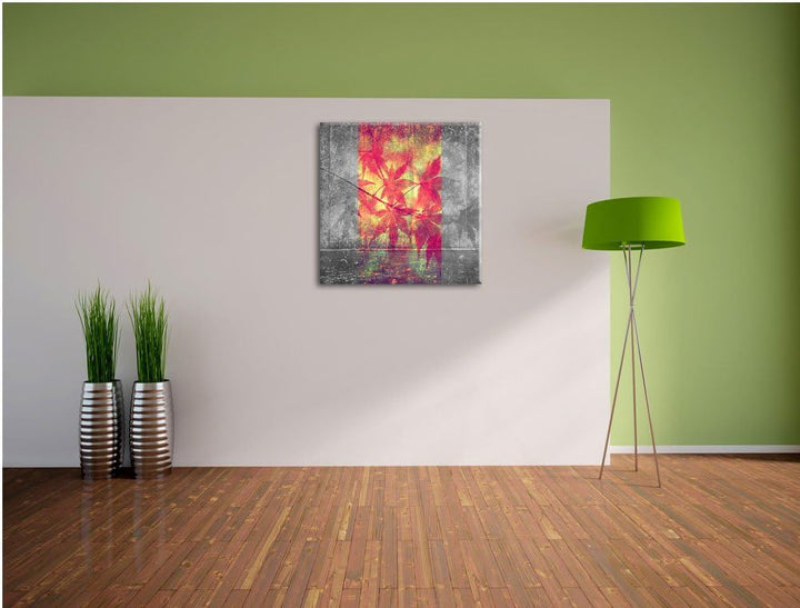 Pixxprint Pinke Ahornblätter über Wasser schwarz/weiss, Format: 70x70 auf Leinwand, 70x70