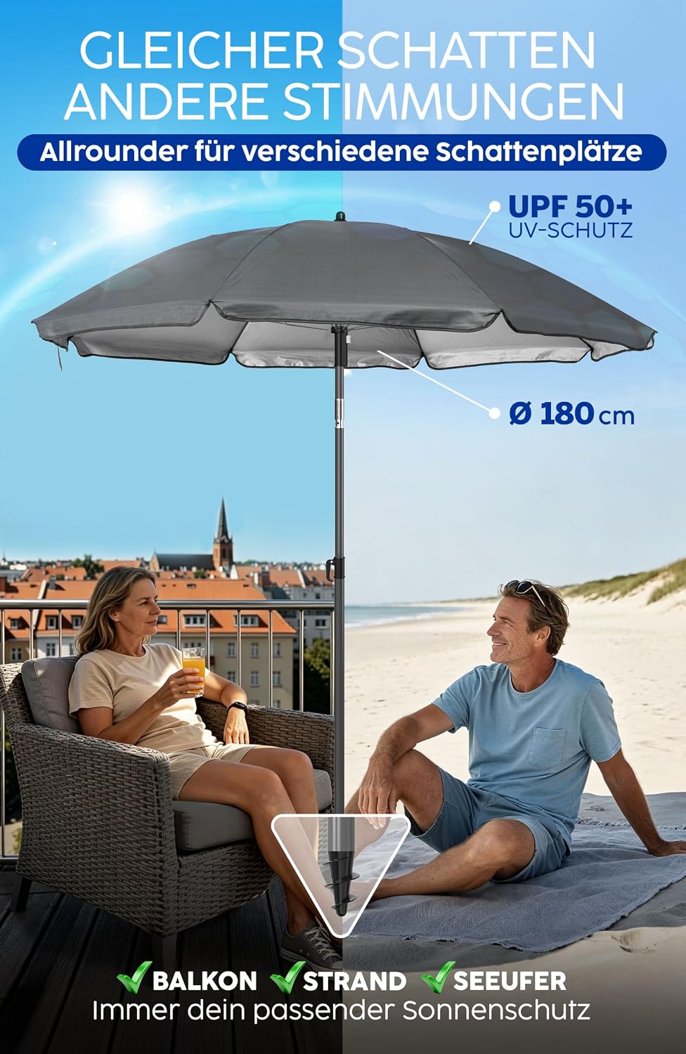 4smile Sonnenschirm Strand SunnyJoy, Anthrazit - UPF 50+ Strandschirm Ø 180 cm, sicherer Sonnenschut