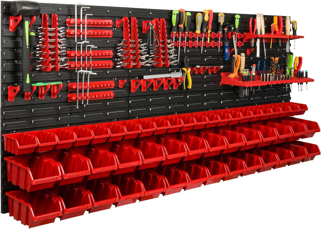 Lagersystem Werkstattregal | 172 x 78 cm | 50 stck. Box | Wandregal mit Werkzeughalterungen und Stap