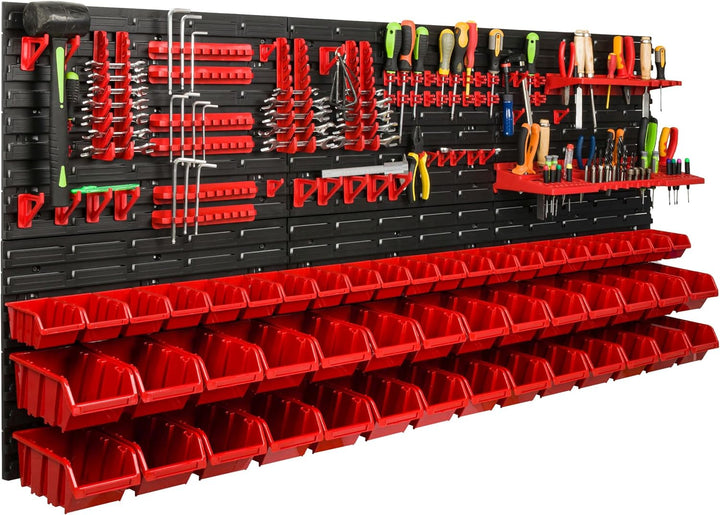 Lagersystem Werkstattregal | 172 x 78 cm | 50 stck. Box | Wandregal mit Werkzeughalterungen und Stap