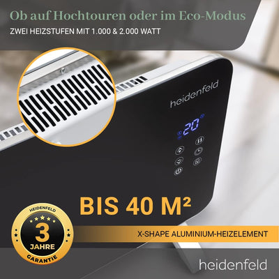 Heidenfeld Konvektor Heizung GK200 | 𝟯 𝐉𝐀𝐇𝐑𝐄 𝐆𝐀𝐑𝐀𝐍𝐓𝐈𝐄 - Glaskonvektor mit WLAN - 2000 Watt - Heizlüf