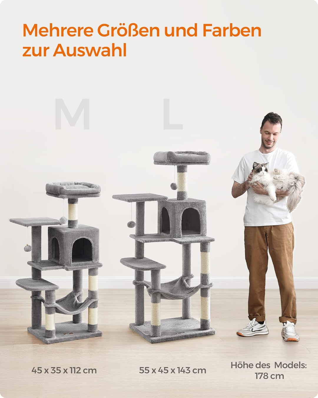 Feandrea Kratzbaum, 112 cm hoch, Katzenbaum, mehrstöckiges Katzenhaus, mit 4 Kratzsäulen, 2 Plattfor