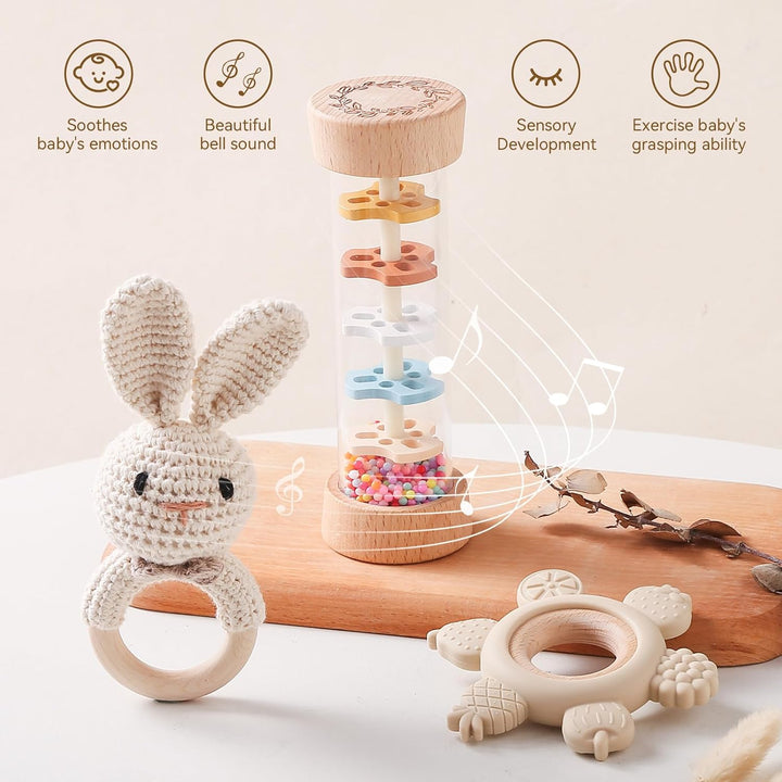 Baby Rassel Set 0 3 6 9 Monate - 3 Stück Baby Rassel Beissring Set mit Gehäkelte Babyrassel und Holz