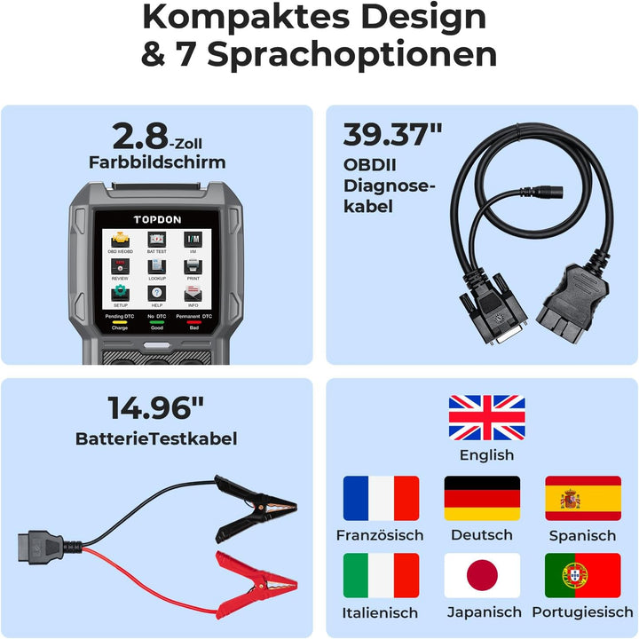 TOPDON ArtiLink500B OBD2 Diagnosegerät Auto und Batterietester 2-in-1, Universal KFZ-Fehlercode-Lese