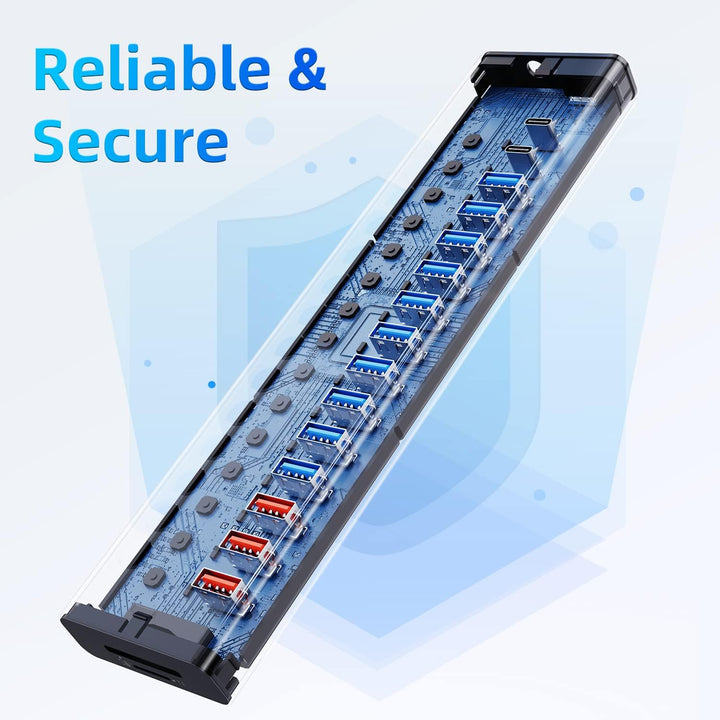 Powered USB-Hub, 17-Port 96W USB 3.2 Hub (10 USB 3.2 Ports+3 QC24W Schnellladeports+2 USB-C 3.2 Port